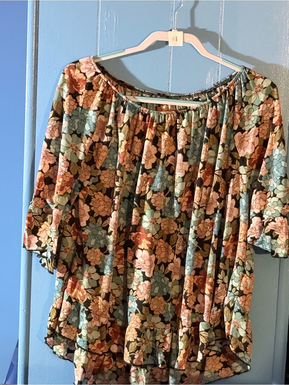 Kim & Cami Floral Off-Shoulder Blouse in Teal and Blush